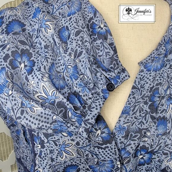 St. John's Bay Blue Floral Split Neck Balloon Sleeve Peasant Blouse Size L - Picture 8 of 12